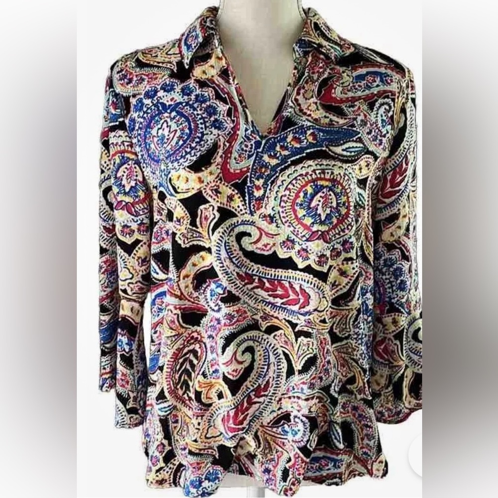 Gorgeous Paisley 3/4 Sleeve V Neck Colorful Blouse w/ Collar Size MP